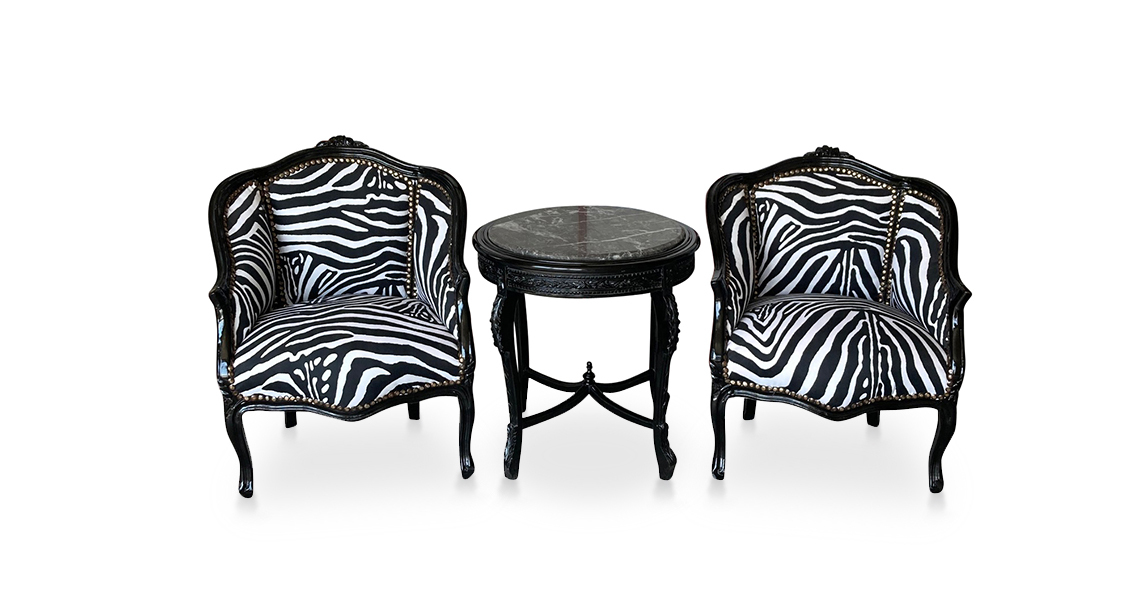 Barock Sessel schwarz Zebra mit Beistelltisch KingsChair